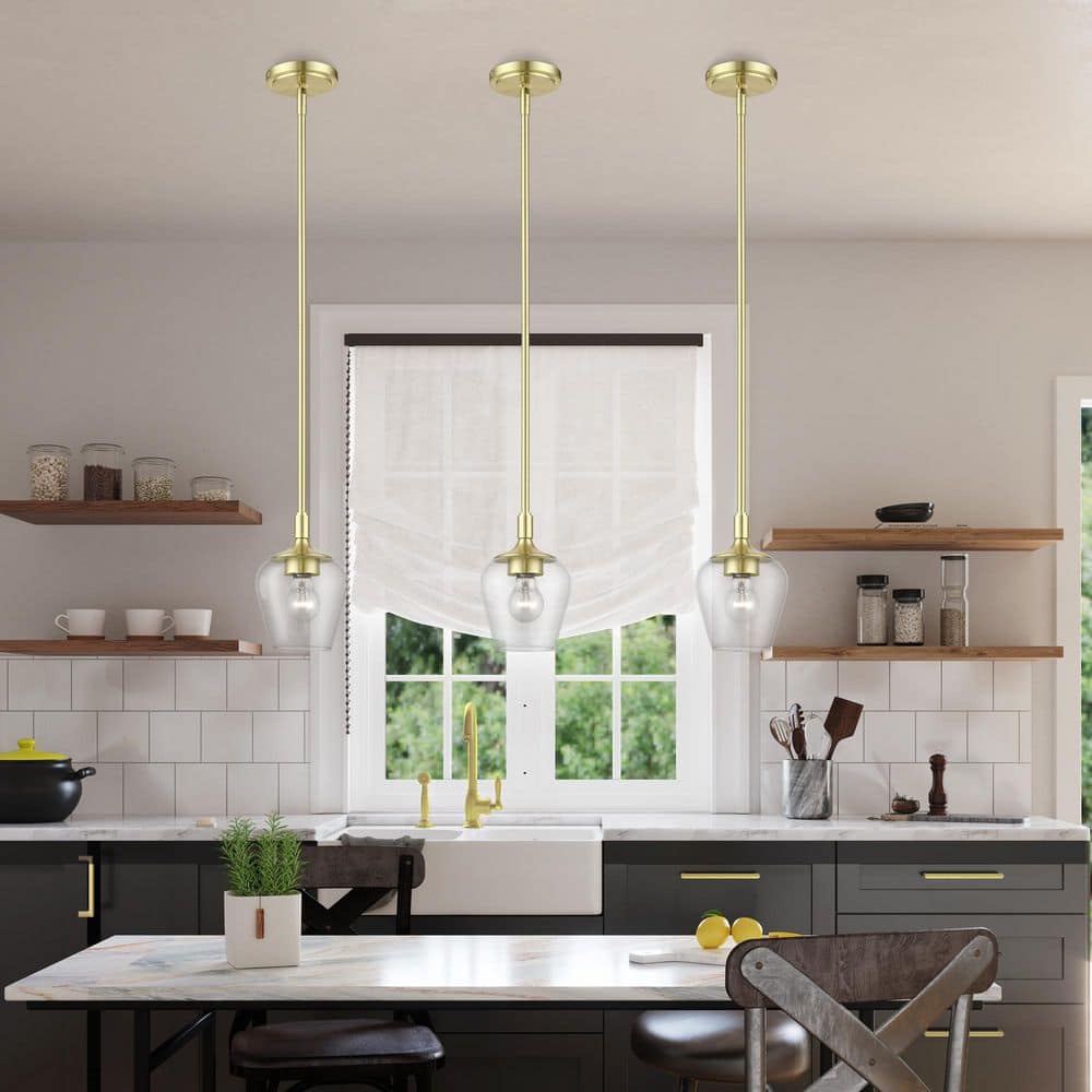 Elegant Transitional Satin Brass 1-Light Pendant with Clear Glass Shade