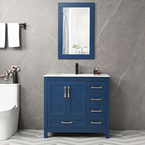 eclife 36 in.  W x 18.3 in.  D x 34 in  H Single Sink Bath Vanity in Blue with White Ceramic Top and Mirror Drain Faucet Set