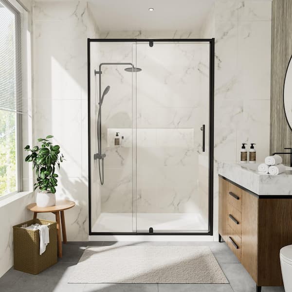 SHAAMA 44 - 48 in. W x 71 in. H Pivot Semi-Frameless Shower Door in Matte Black Finish with SGCC Certified Clear Glass