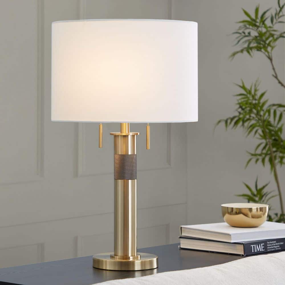 LumiSource Trophy 26.5 in. Gold Metal and White Linen Table Lamp