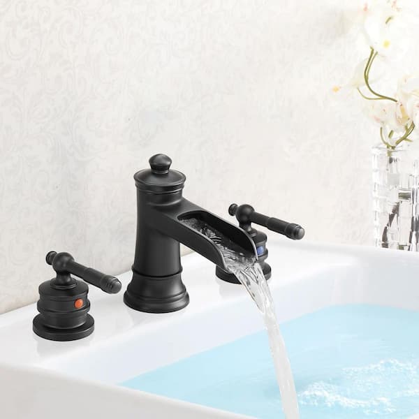Waterfall 8 in. Widespread Double Handle Stainless Steel Bathroom Faucet in Matte Black