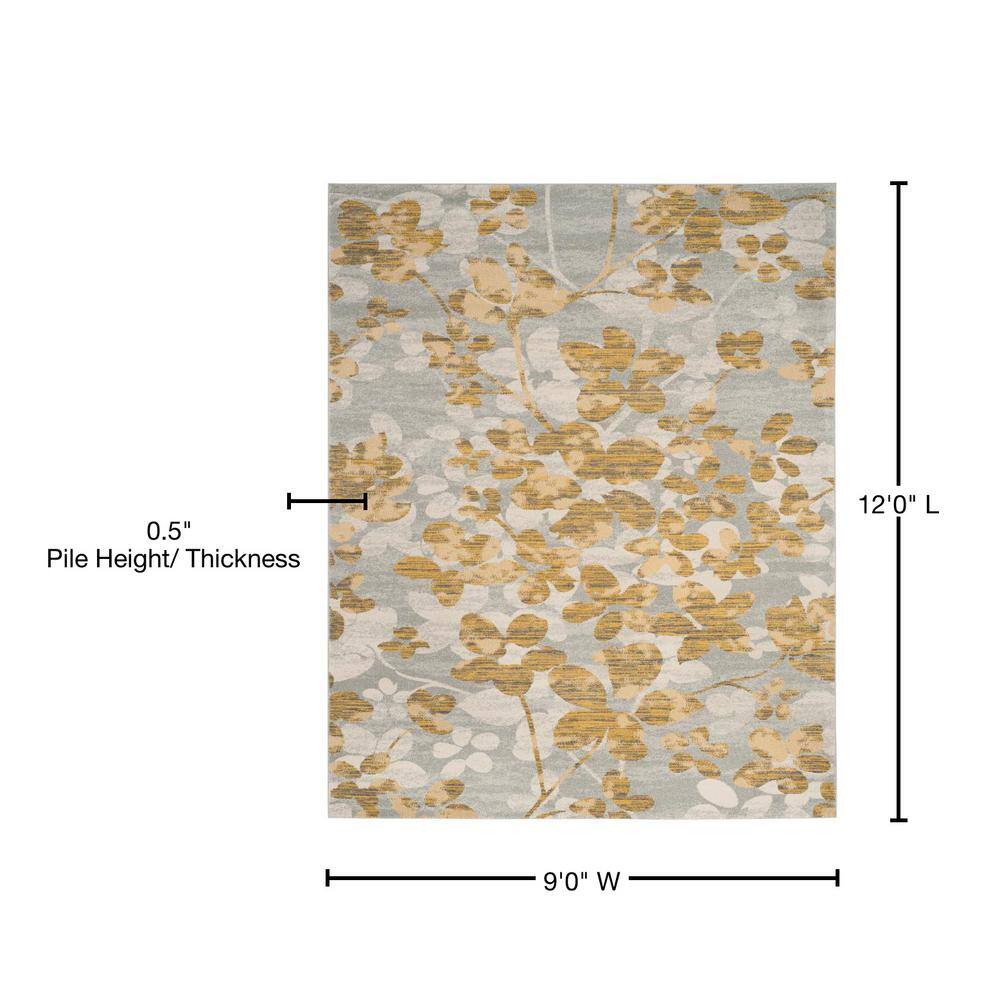 Grey and Gold Floral 9' x 12' Synthetic Area Rug