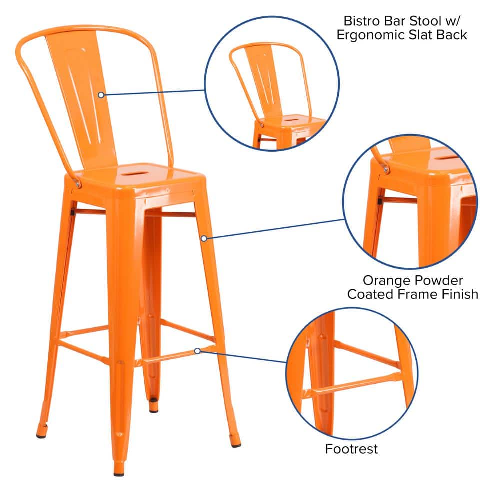 Bright Orange Metal 30" High Indoor-Outdoor Barstool with Slat Back