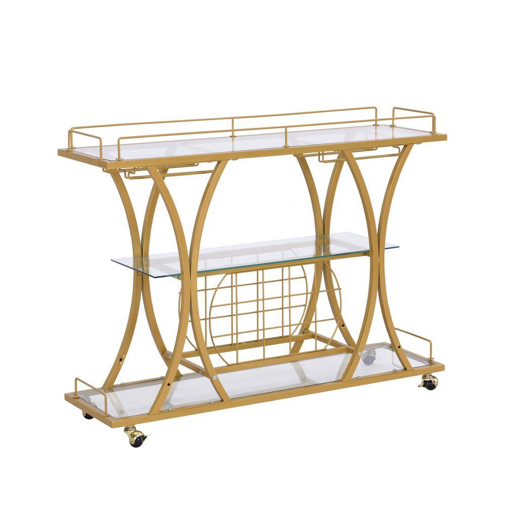 Golden Outdoor Grill Cart Mobile Tempered Glass Metal Frame