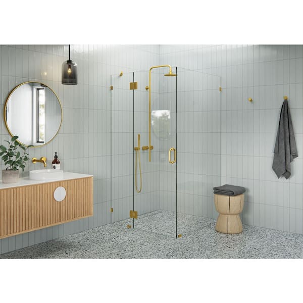 Glass Warehouse 42 in. W x 42 in. D x 78 in. H Pivot Frameless Corner Shower Enclosure in Satin Brass Finish with Clear Glass