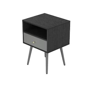 1-Drawer Dark Gray Nightstand with Shelf & Metal Legs Bed Side Table Sofa End Table Set of 1 (15.7"x13.7"x21.8")