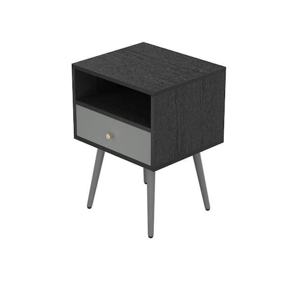 URTR 1Drawer Dark Gray Nightstand with Shelf & Metal Legs Bed Side