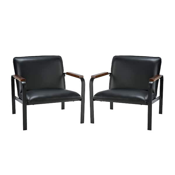 ATHMILE Black Mid-Century PU Leather Solid Wood Accent Chair with Removable Cushion (Set of 1)