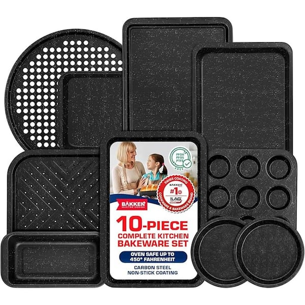 10-Piece Kitchen Baking Pan Set-Commercial Grade Carbon Steel Bakeware, With Nonstick Coating, Gray Marble