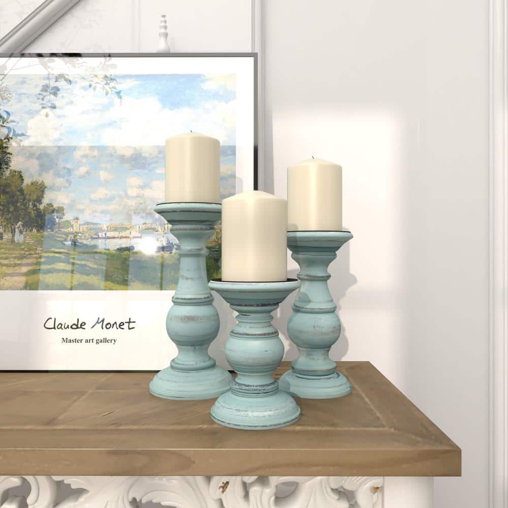 Light Blue Mango Wood Pillar Candle Holder Set, 6", 8", 10"
