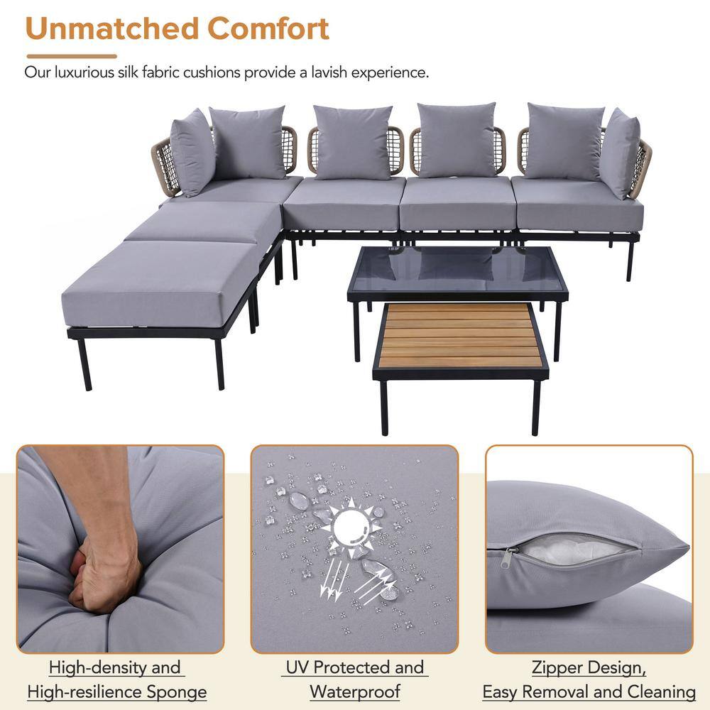 8-Piece Light Grey Steel Patio Sectional Sofa Set with Cushions