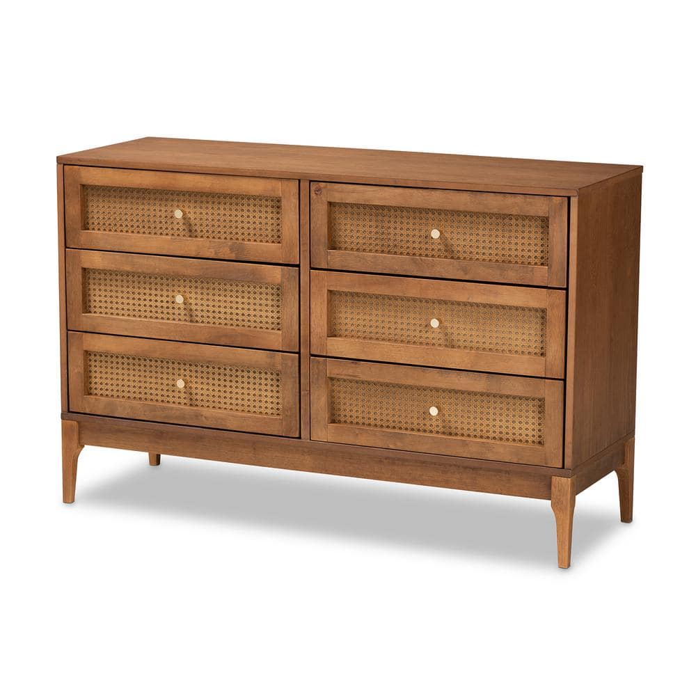 Ramiel Mid-Century Brown Ash Wood and Rattan 6-Drawer Dresser