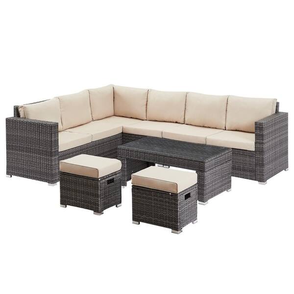 Unbranded 6-Piece Rattan Patio Conversation Sofa Set Garden Furniture Sectional Seating Set Couch Coffee Table Chair Ottoman Khaki