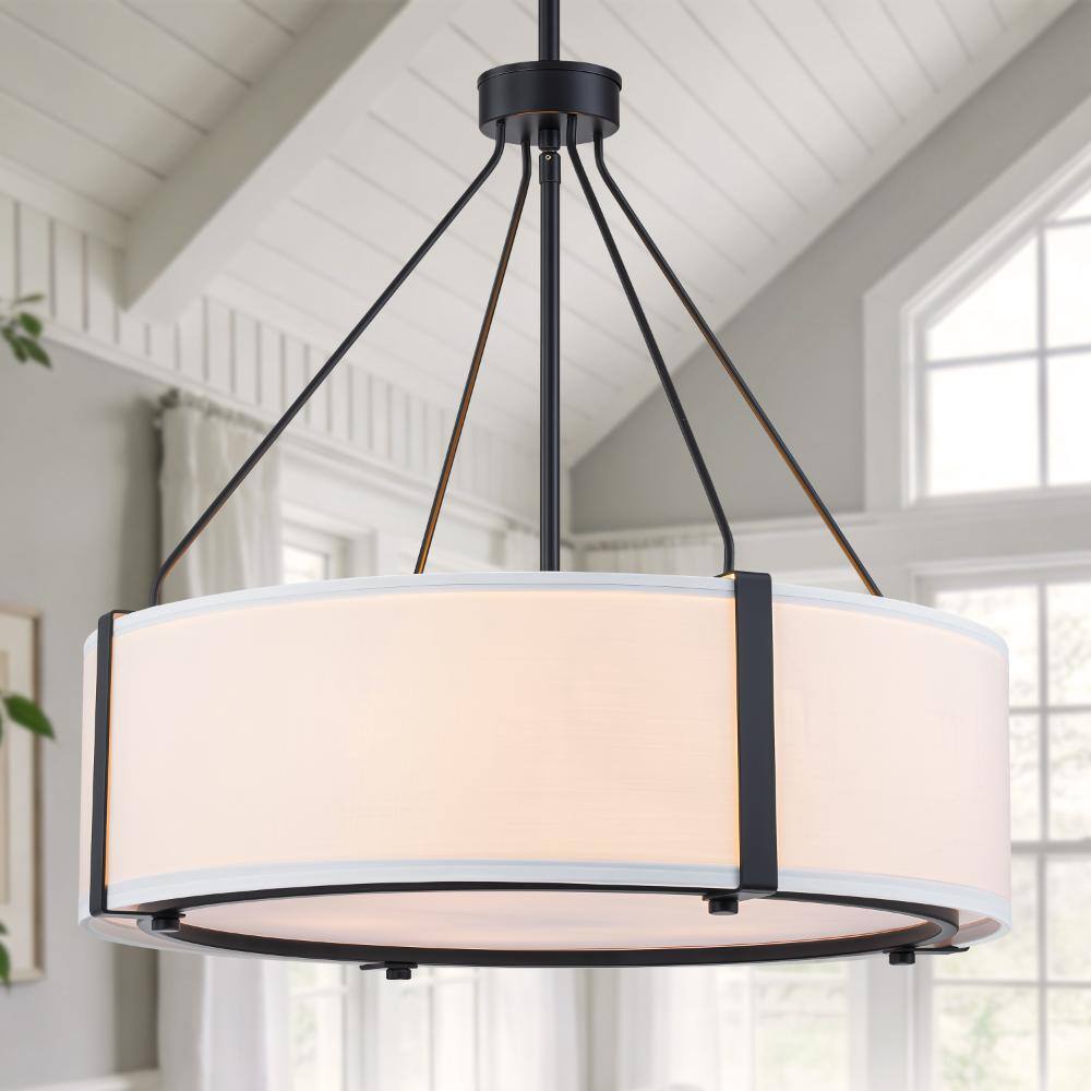 19.7 in. 5-Light Modern Matte Black Drum Chandelier, Adjustable Pendant Light with White Fabric Shade for Dining Room price history on PriceWatchPro