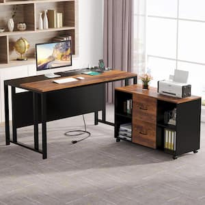 Capen 55 in. L-Shaped Brown Particleboard Office Executive Computer Desk with Power Outlet and File Cabinet