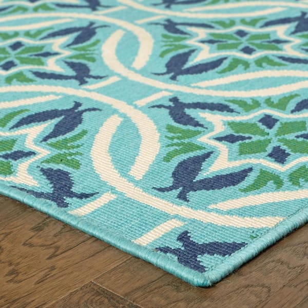 Blue, Green 9 ft. x 13 ft. Loomed Geometric Polypropylene Rectangle Indoor/Outdoor Area Rug