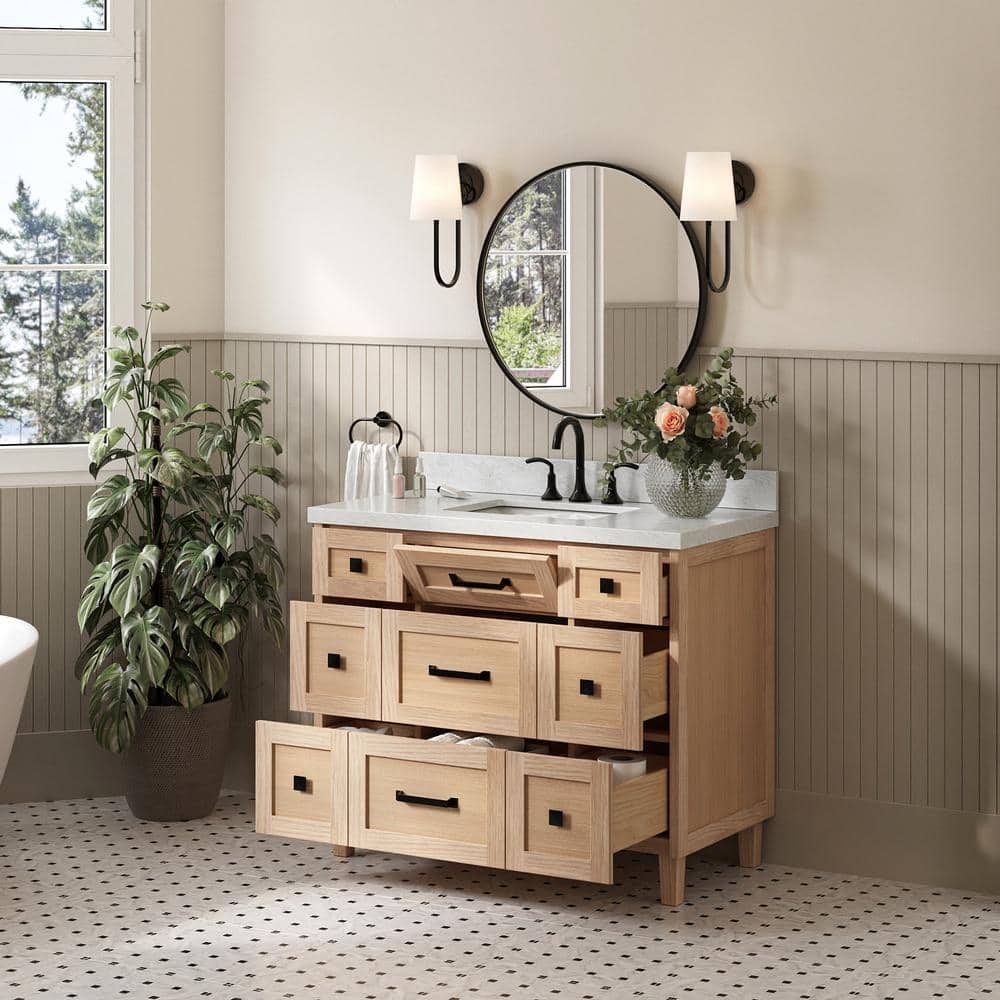 Monroe 43" Light Oak Freestanding Vanity with Carrara Marble Top