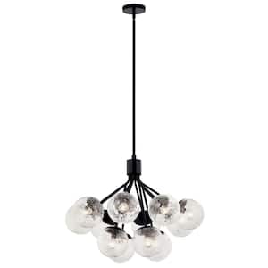 Silvarious 30 in. 12-Light Black Modern Crackle Glass Shaded Convertible Chandelier for Dining Room