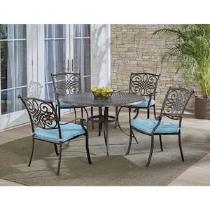 Traditions 5-Piece Aluminum Outdoor Round Patio Dining Set with Blue Cushions