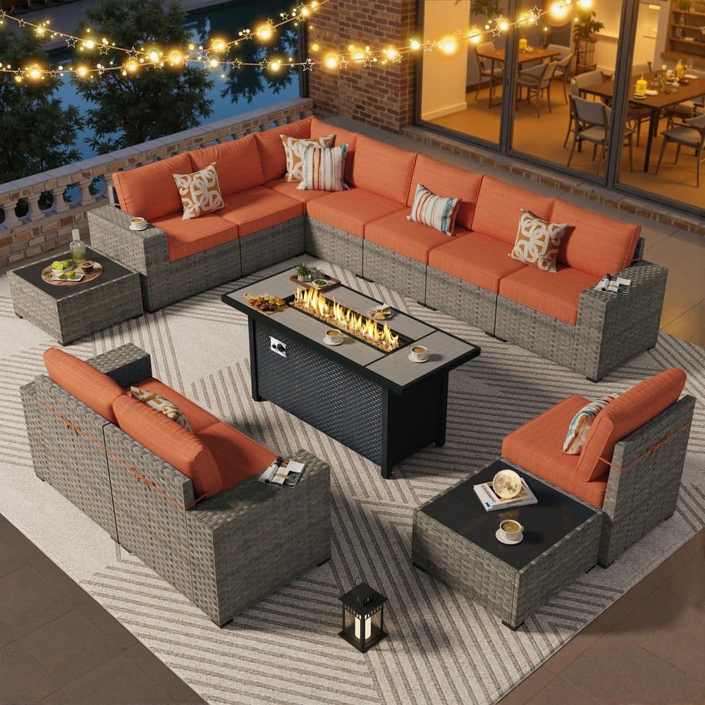 Amara 13 Pieces Wicker Outdoor Patio Rectangular Fire Pit Set with Orange Red Cushions price history on PriceWatchPro