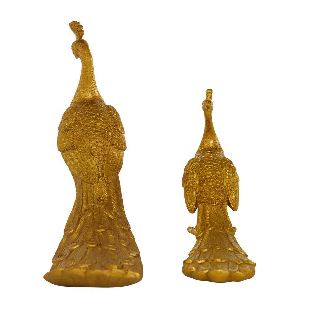 Gold Solid Peacock Animal Statue Duo, 11" & 8"H Resin Set