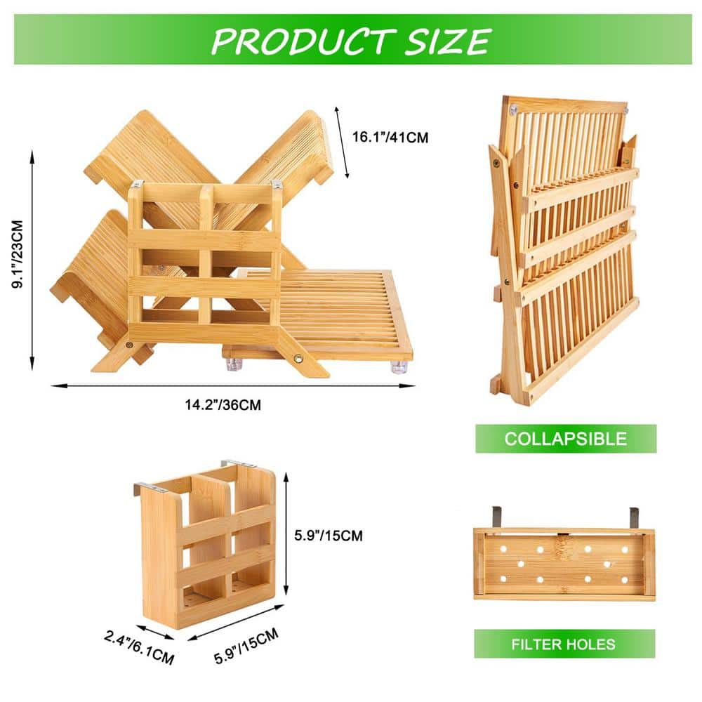 Foldable Bamboo 3-Tier Dish Rack with Utensil Holder