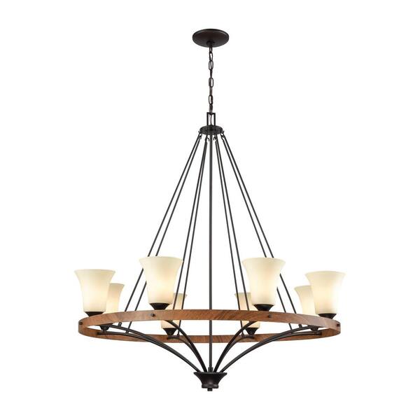 Thomas Lighting Park City 8-Light Oil Rubbed Bronze and Wood Grain Chandelier With Light Beige Scavo Glass Shades