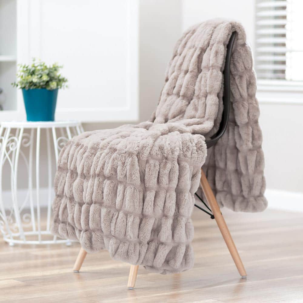 Luxurious Taupe Faux Fur Reversible Throw Blanket, 50" x 65"