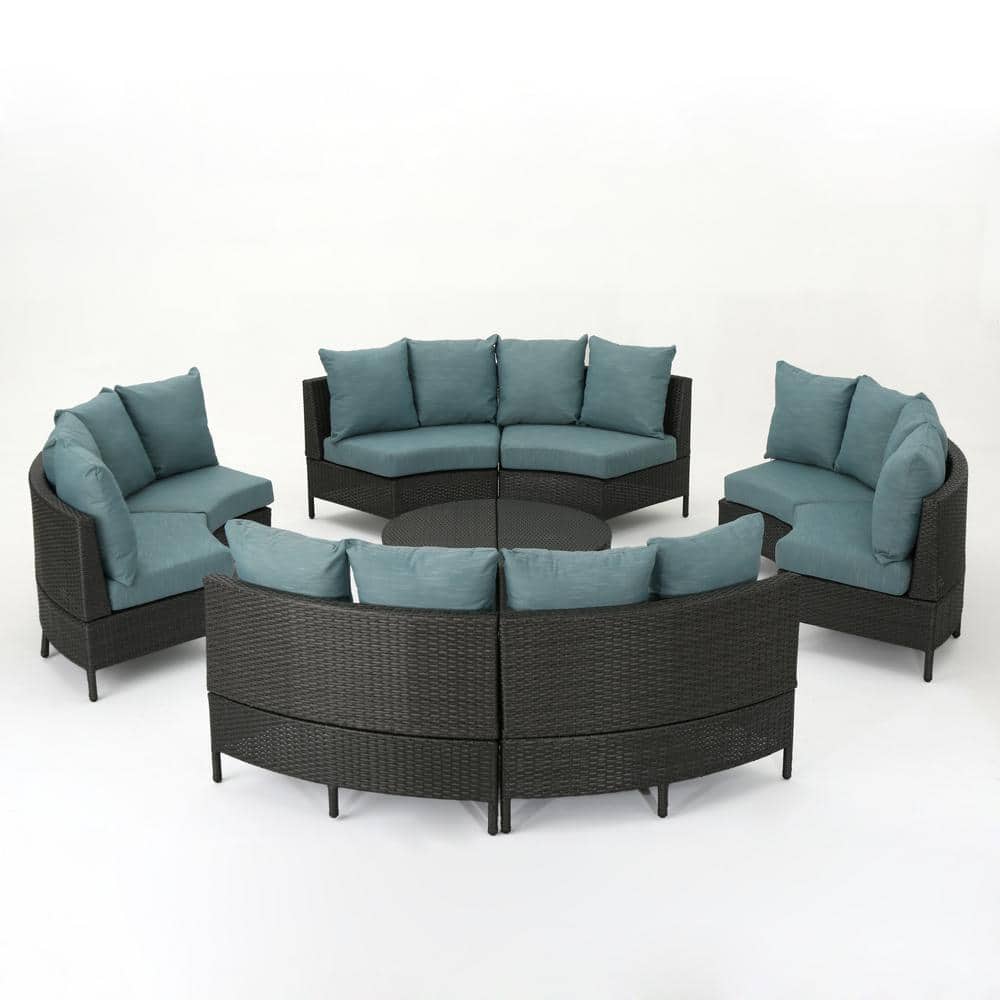 Gray Iron 8-Seater Round Wicker Sectional Sofa with Teal Cushions