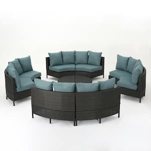 10-Piece Faux Rattan Patio Sectional Seating Set with Teal Cushions