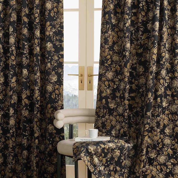 Gold Velvet Floral 52 in. W x 84 in. L Back Tab Blackout Curtain