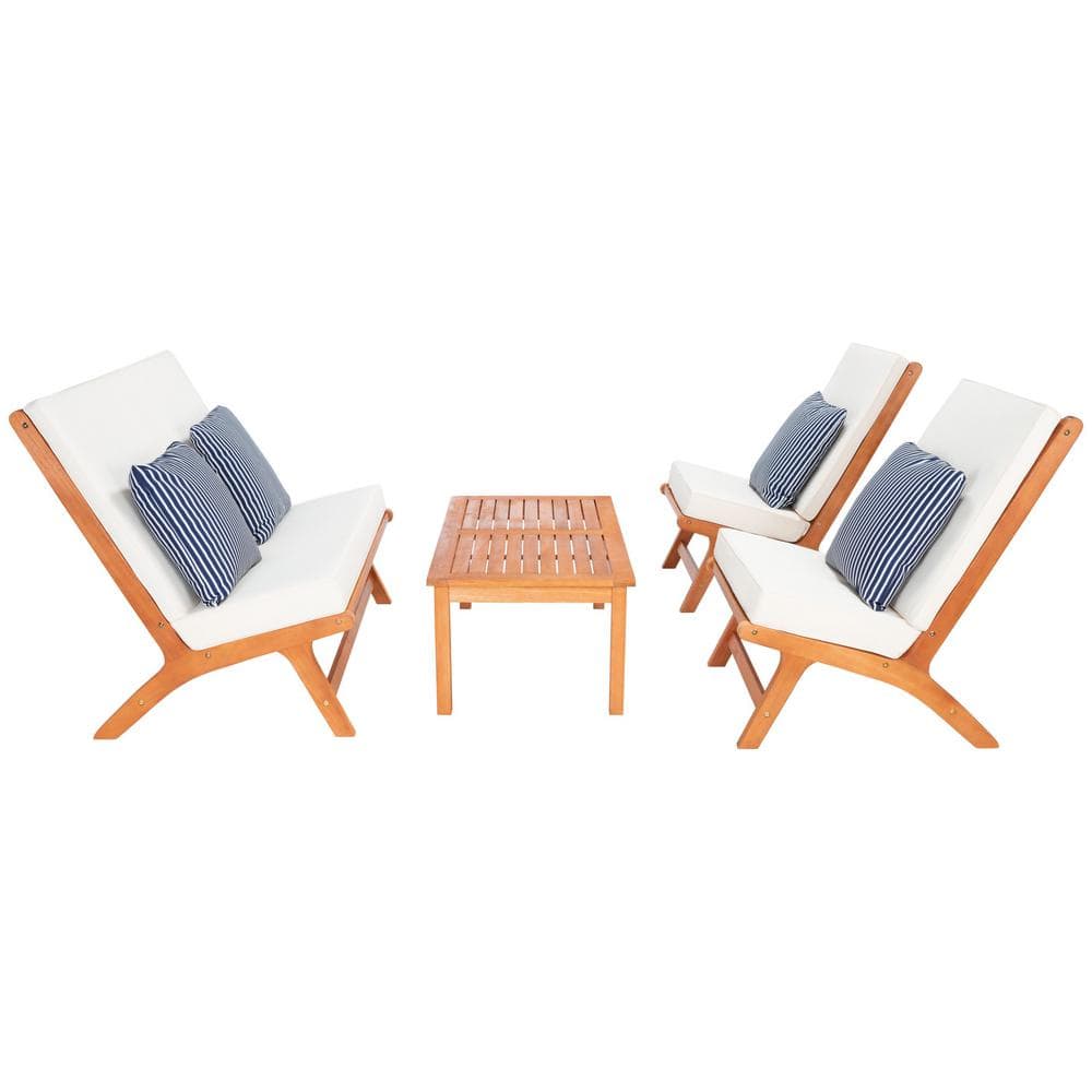 Natural Wood 4-Piece Patio Set with Beige Cushions and Navy Striped Pillows