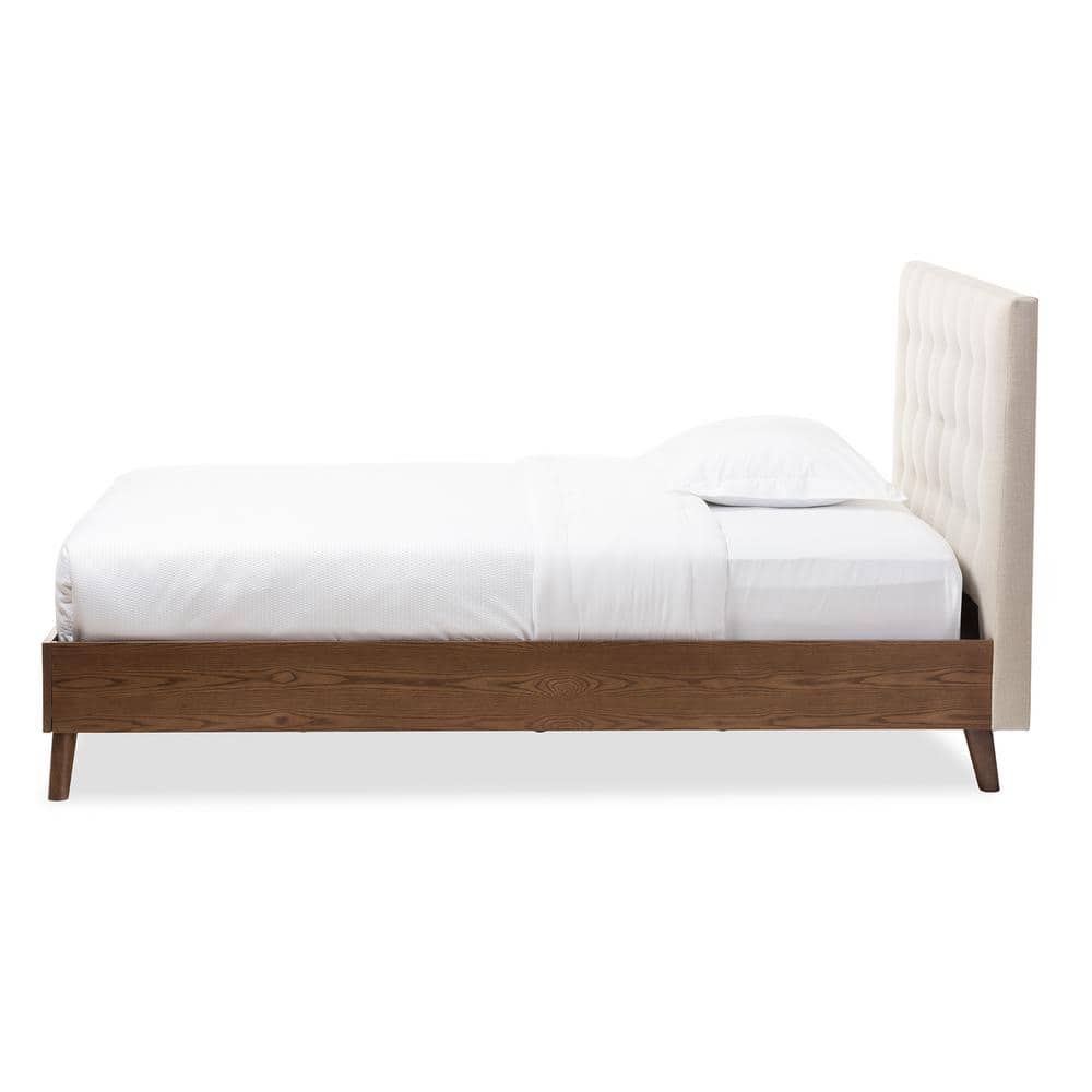Alinia Light Beige Fabric Upholstered Walnut Wood Queen Platform Bed