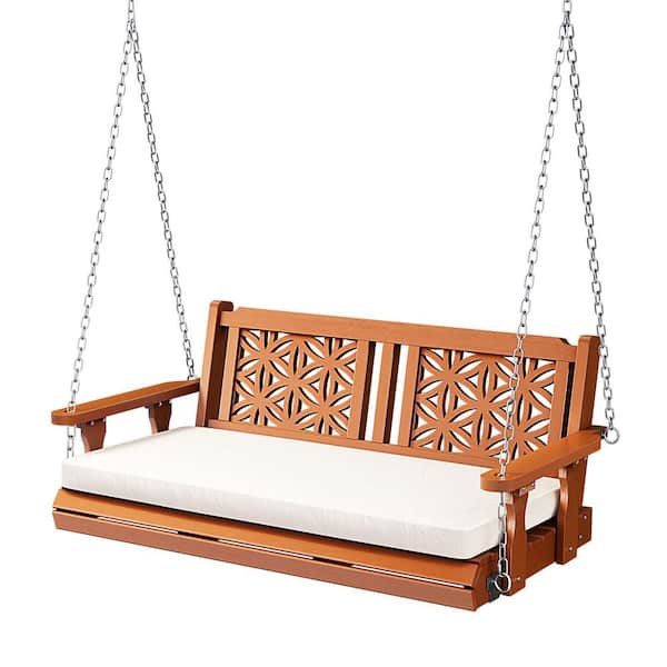 55 in. 2-Person Floral Pattern Outdoor Wood Porch Swing with Cushion in Brown
