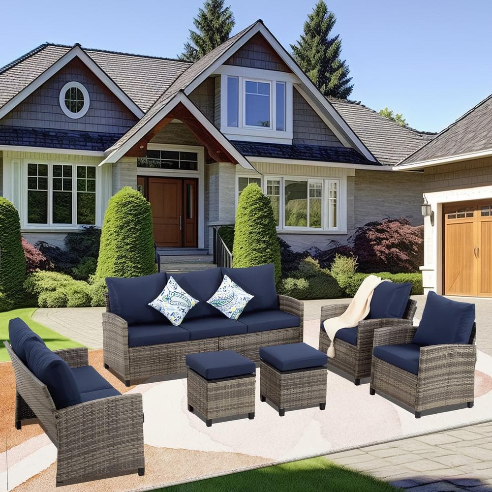 Grey 5-Piece Wicker Patio Outdoor Sectional Sofa Set with Blue Cushions, 1 