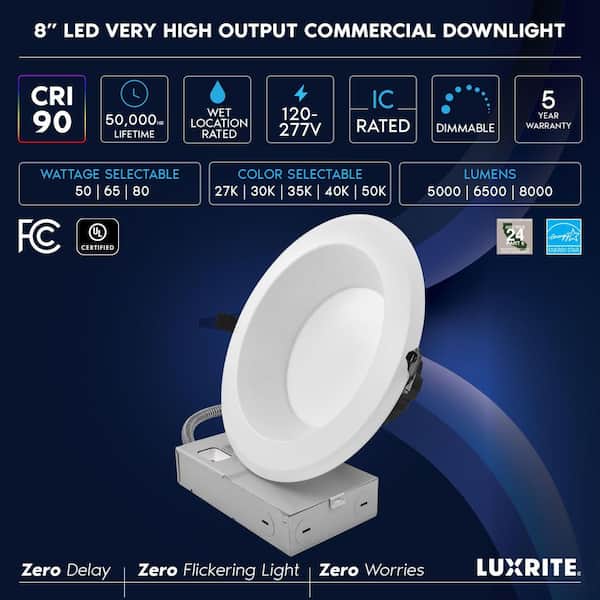 8 In. Integrated LED Commercial Recessed Light J-Box 5CCT 50/65/80W Dimmable 5000/6500/8000LM 120-277V Wet Rated 6 Pack