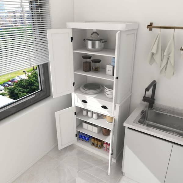 Kitchen Pantry Storage Cabinet, with 4-Doors, Drawer, 2-Adjustable Shelves, Freestanding Cupboard in White