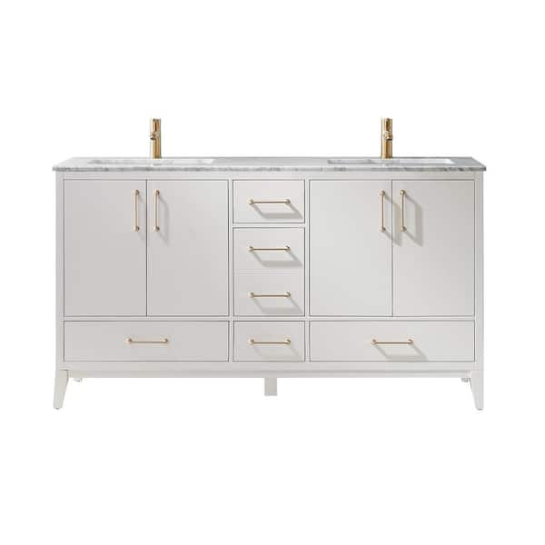 Altair Sutton 60 in. Bath Vanity in White with Carrara Marble Vanity Top in White with White Basins