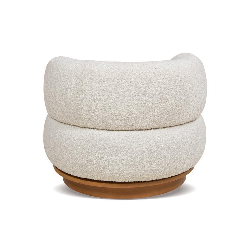Ivory White Boucle Swivel Barrel Accent Chair with Wood Base