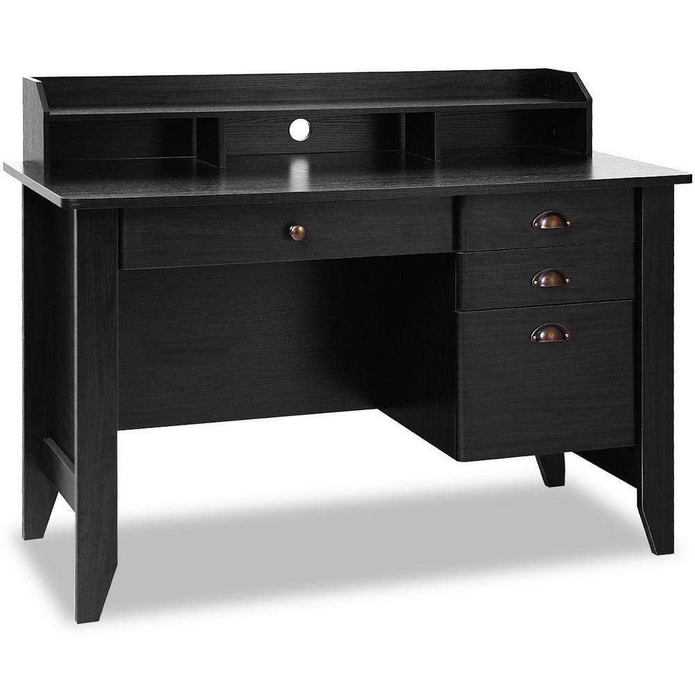 Elegant Black MDF Computer Desk with Multi-Drawer Storage and Monitor Shelf