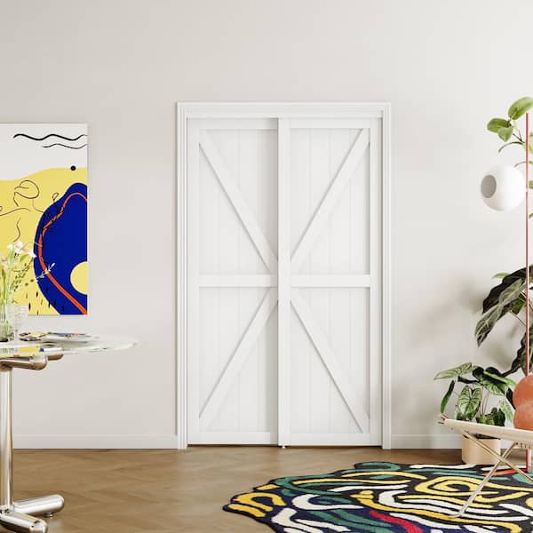 48 in. x 80 in., Solid Core, White MDF Double K Shape Sliding Door with All Hardware