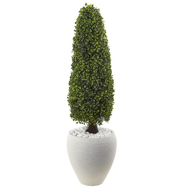 Nearly Natural Boxwood Topiary with Textured White Artificial Planter UV Resistant (Indoor/Outdoor)