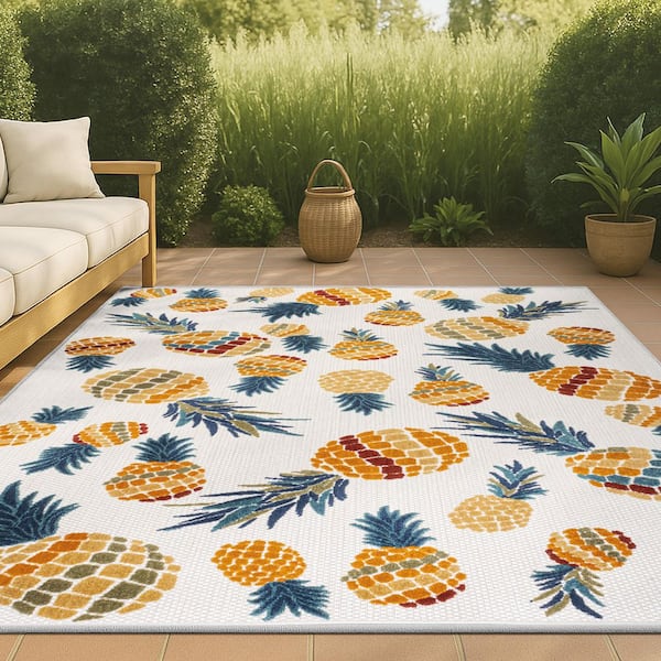 JONATHAN Y Ananas Bold Pineapple High-Low Orange/Navy 3 ft. x 5 ft. Indoor/Outdoor Area Rug