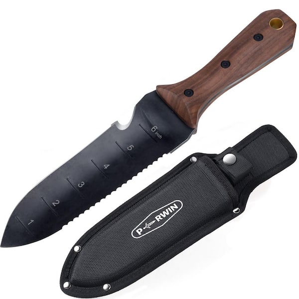 OGETFUUR 5 in. Full-Tang Wood Handle Hori Hori Garden Knife W/ Sheath, 7 in. Stainless Steel Blade Weeder with Cutting Edge Black