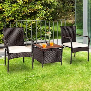 3-Piece PE Wicker Patio Conversation Set with Acacia Wood Coffee Table and Umbrella Hole for Backyard Garden Poolside