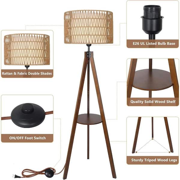 bessten Elaine 59 in. Brown Boho 1-Light Tripod Floor Lamp for