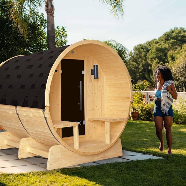 ALEKO 4-Person Outdoor-Indoor Electric White Finland Pine Wet Dry Barrel Sauna, Front Porch Canopy - 8 kW Harvia KIP Heater
