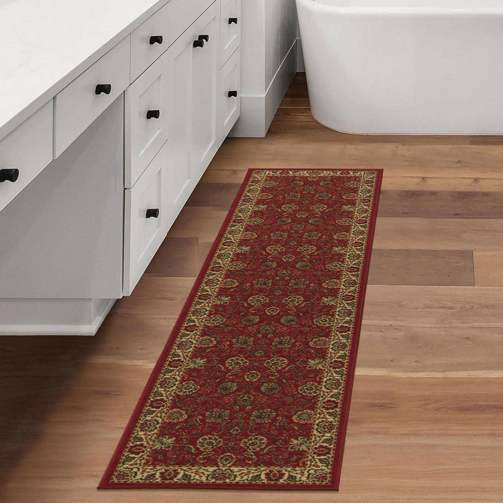Dark Red Floral Non-Slip Synthetic Runner Rug