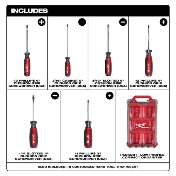 Multi-Bit Cushion Grip Screwdrivers Set (USA) w/PACKOUT Low-Profile Compact Organizer (6 Piece)