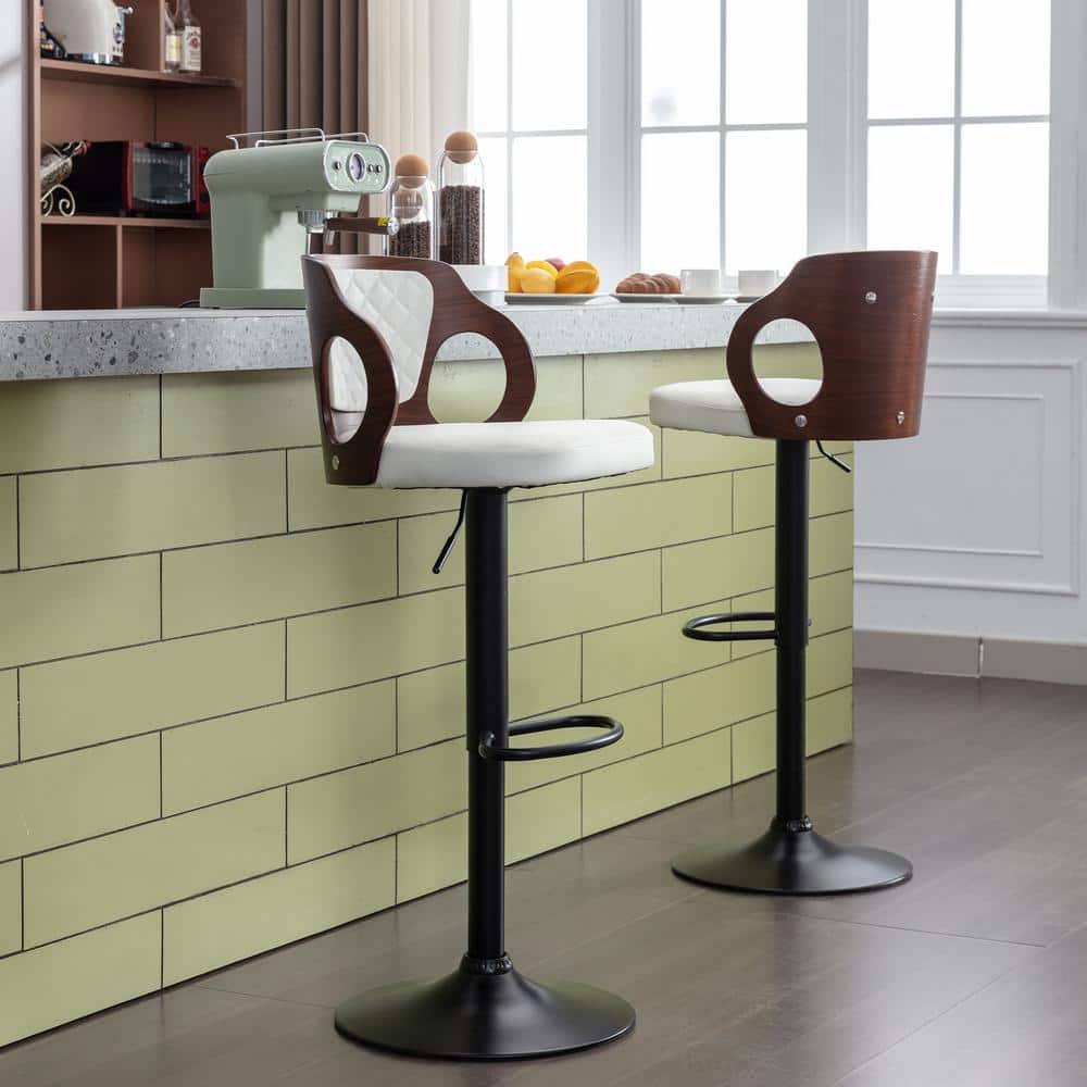 Adjustable White Faux Leather Swivel Bar Stools with Arms